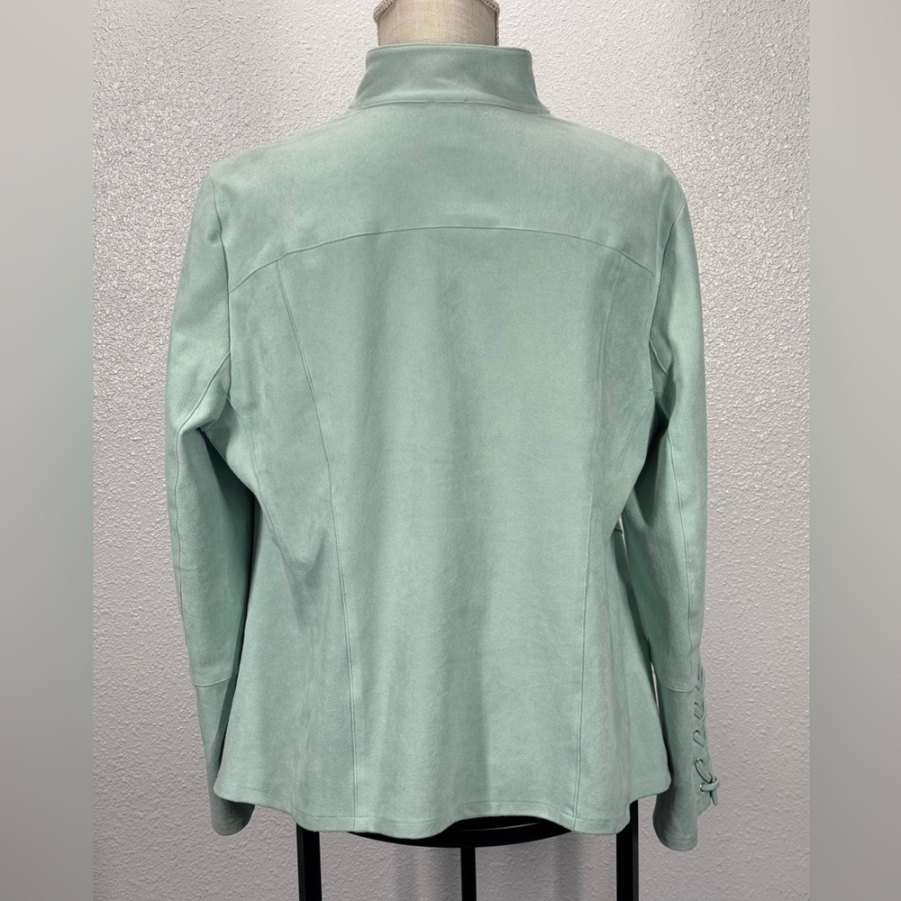 Chicos Micro Faux Suede Hidden Zip Moto Full Zip Blazer Jacket  Seamist Green 12 - Picture 4 of 11